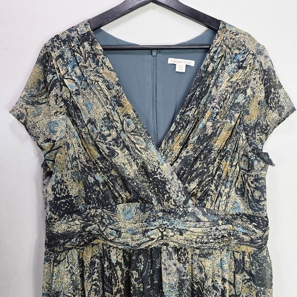 Coldwater Creek Midi Dress 18 Abstract V Neck Short Sleeve Gathered Waist Church - Picture 2 of 13